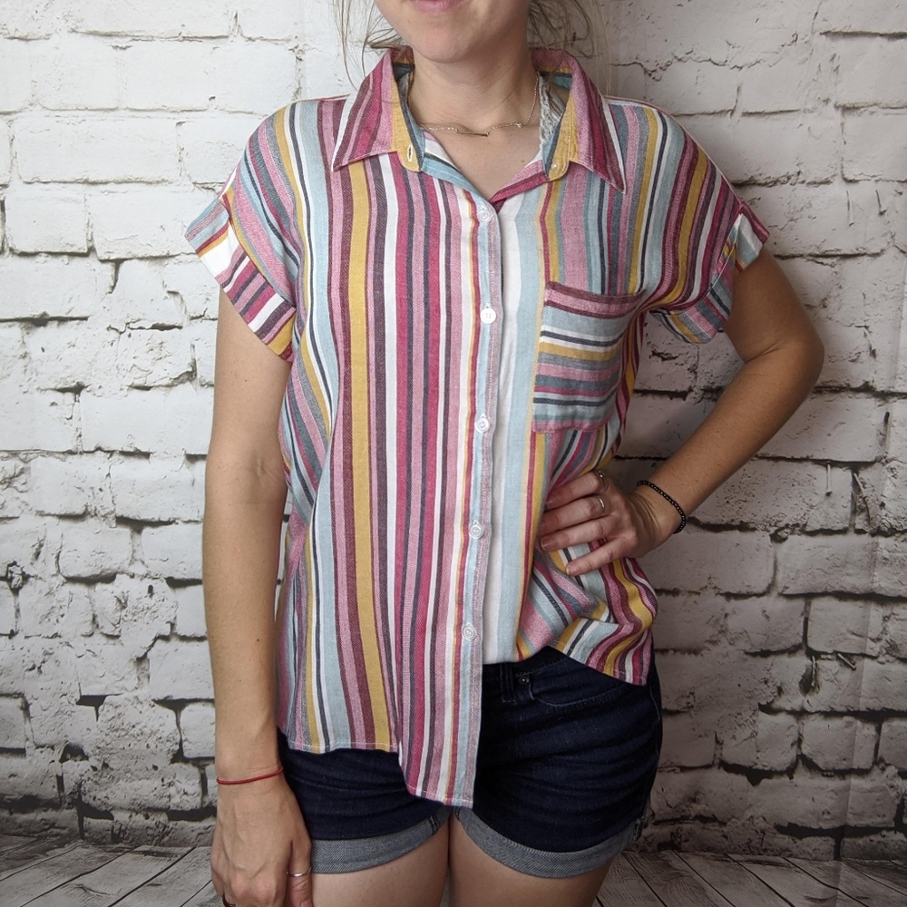 Aqua Multi Colored Striped Button Down - Picture 2 of 12
